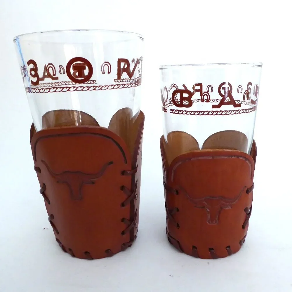 1950’s VINTAGE WESTERN THEMED COWBOY LONGHORN BRAND GLASS SET & WOOD COASTERS - Picture 2 of 16